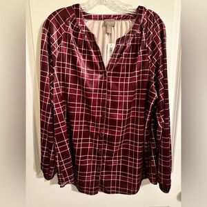 NWT Chico’s Crushed Velvet Maroon Plaid Blouse Size 2, XXLG